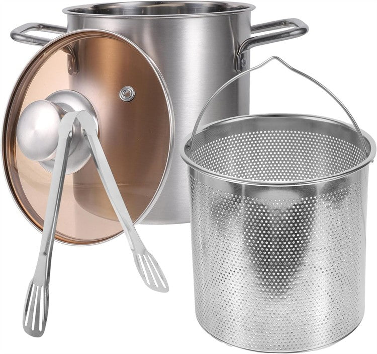 LMETJMA 3L Deep Fryer Pot Stainless Steel Frying Pot With Mesh Steamer Basket Japanese Tempura Fryer Pot with Lid and Tong JT230