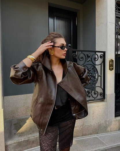 NERHEFZ Women Leather Jacket with Zipper Autumn Asymmetry Turn Down Collar Long Sleeve Button Lady Coats Causal Female Chic Tops