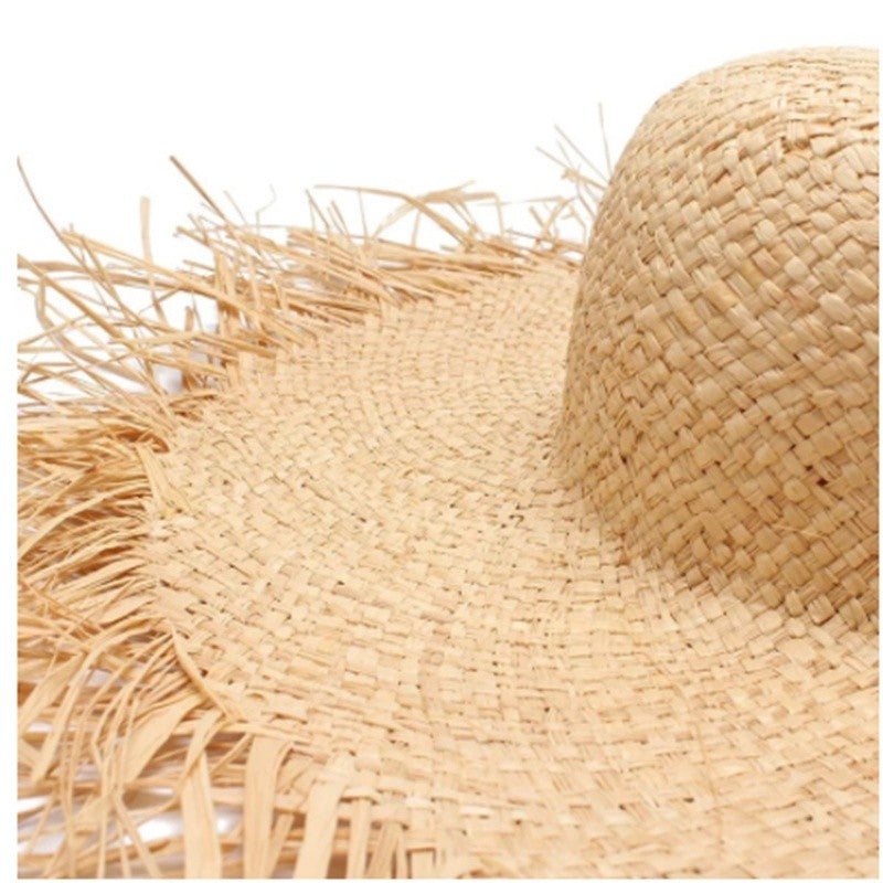 WZCX Feito à Mão Borla Feminina Chapéus de Sol de Palha Aba Larga Grande Chapéu de Palha Natural de Ráfia Panamá Praia Chapéus de Sol Para Feriado