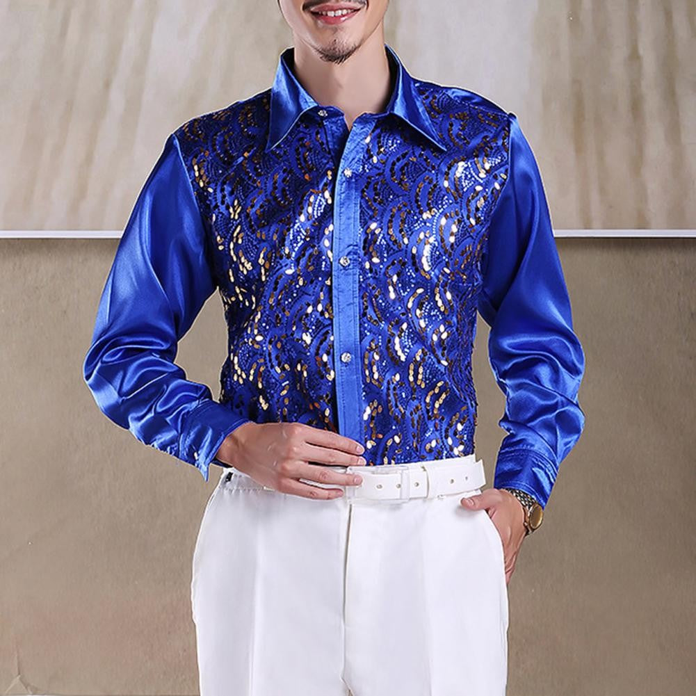 Men Sequins Shirt Adult Lapel Long Sleeved Dance Performance Shirt Costume Wedding Stage Shirt Slim Fit Casual Men Shirts Tops