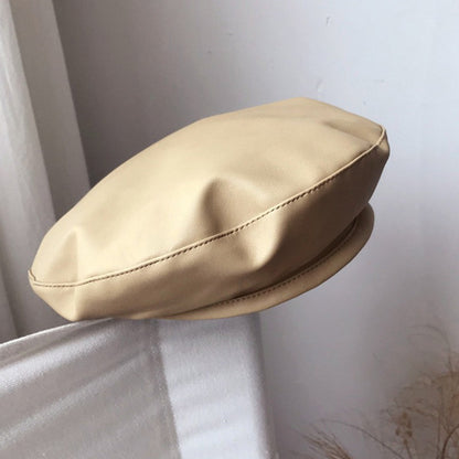 Women Girl Beret Hat French Retro Artist Beanie Hat Elegant Solid Color PU Leather Lady Painter Cap Spring Autumn Lady Berets