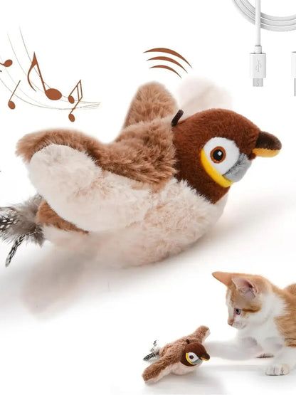 Brinquedos Interativos para Gatos Brinquedo de Pássaro Voador Recarregável para Gatos Pássaro Cantando Batendo Asas (não voa) Pode Adicionar Catnip Brinquedo de Pelúcia Ativado por Toque