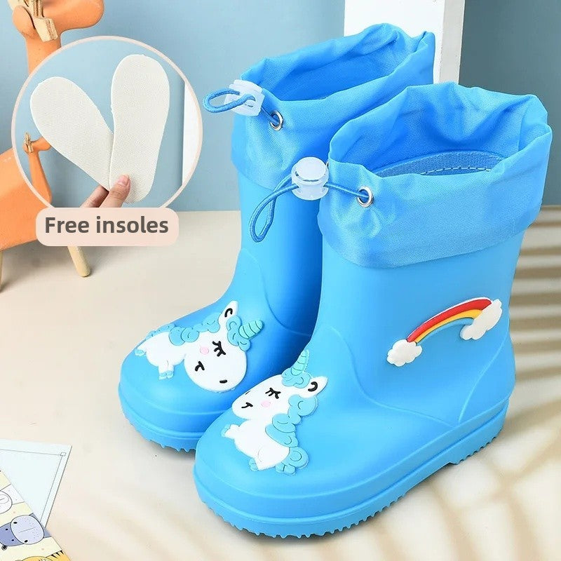 Children's Fleece-Lined Non-Slip Rain Boots For Boys And Girls Cartoon Cute Princess Style Anti-Slip Four Seasons Kids Shoes