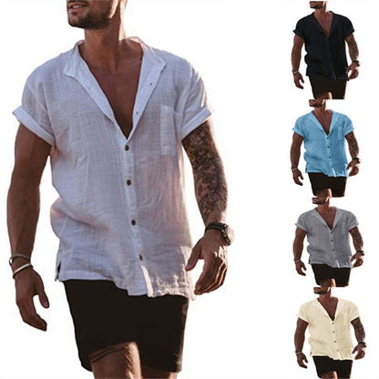 Male Short Sleeve Shirts Cotton Linen Shirts Blouses For Men Loose Business Normal Social Top Formal Dress Shirt Mens Clothing