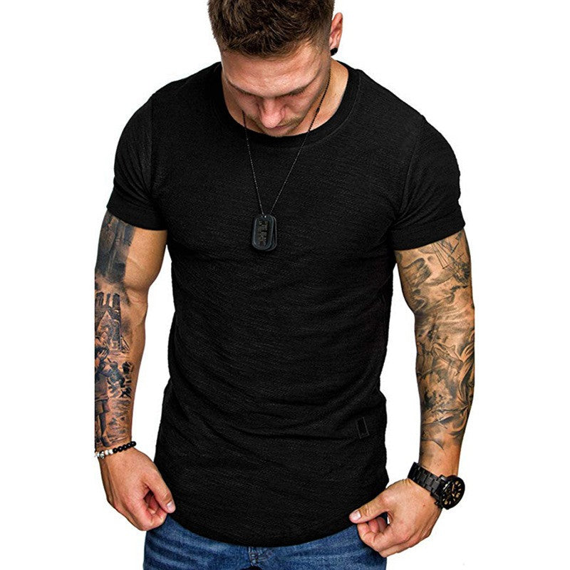 Men's Sports T-shirt Slim Fit O-neck Short Sleeve Muscle Fitness Casual Hip Hop Top Summer Fashion Basic Solid Crew T-shirt