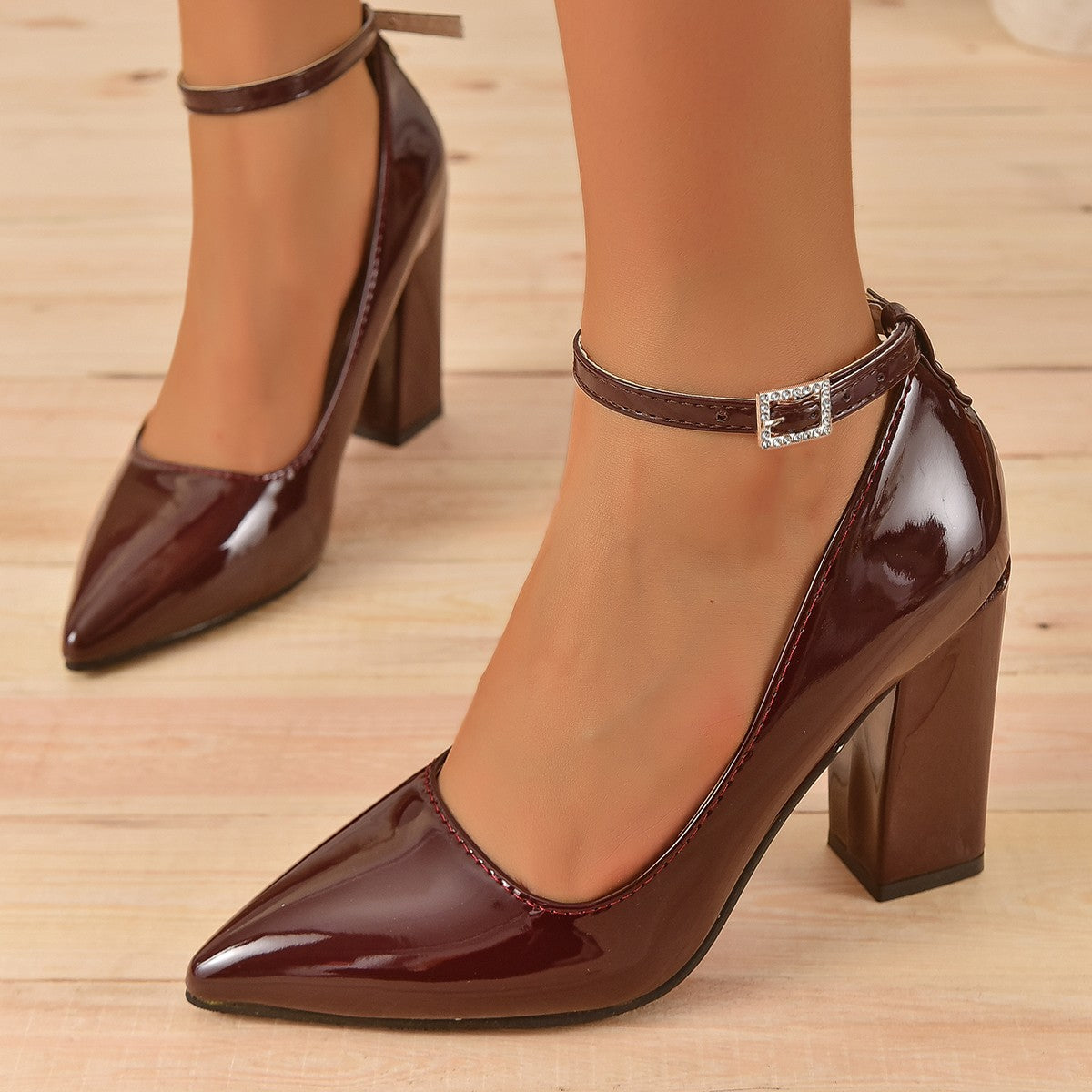 Apricot Red 10cm Super High Heel Ankle Strap Pumps Women Shoes Pointed Toe Fashion Crystals Buckle Patent Leather Plus Size 50