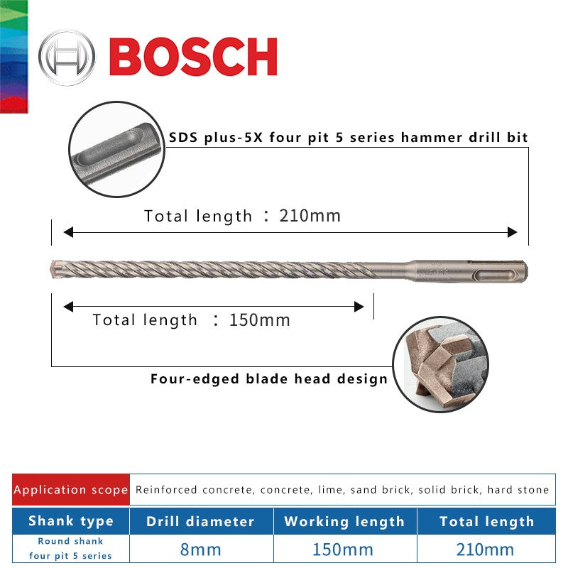 BOSCH Broca para Concreto e Madeira para Martelo Elétrico de Quatro Furos e Duas Ranhuras, de Duas Pontas, Série 5, com Haste Redonda
