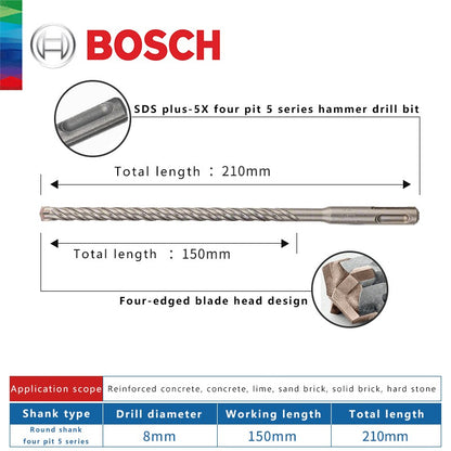 BOSCH Broca para Concreto e Madeira para Martelo Elétrico de Quatro Furos e Duas Ranhuras, de Duas Pontas, Série 5, com Haste Redonda