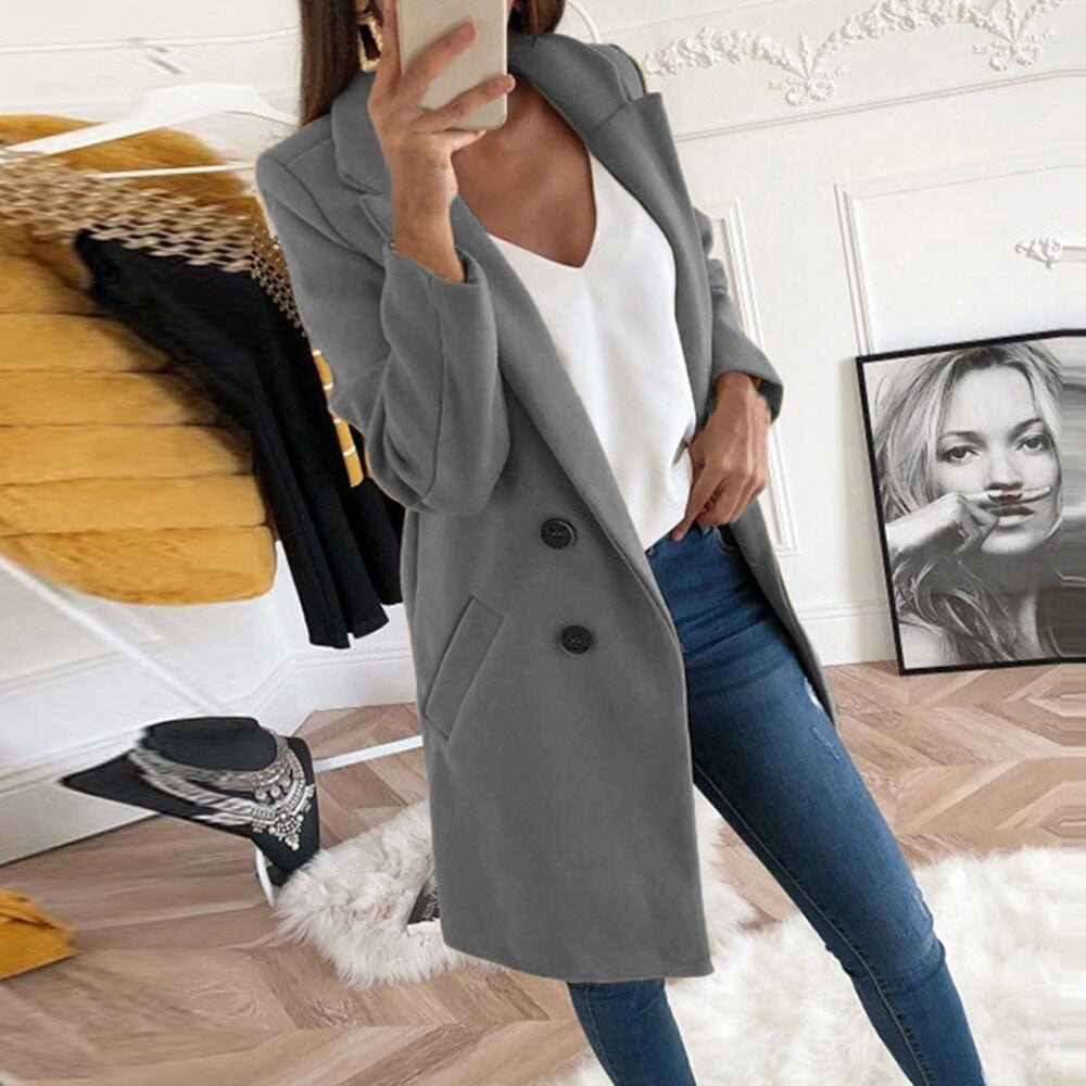 2024 European and American New Solid Color Lapel Mid length Button Woolen Coat for Women