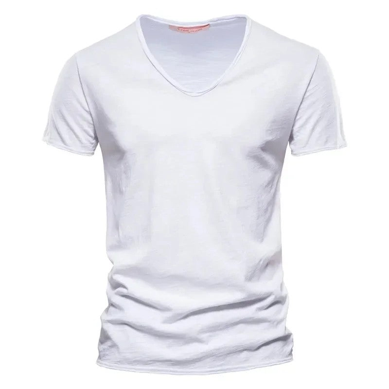 2024 hot summer men's new solid color V-neck pure cotton short sleeved T-shirt hot selling men's T-shirt top