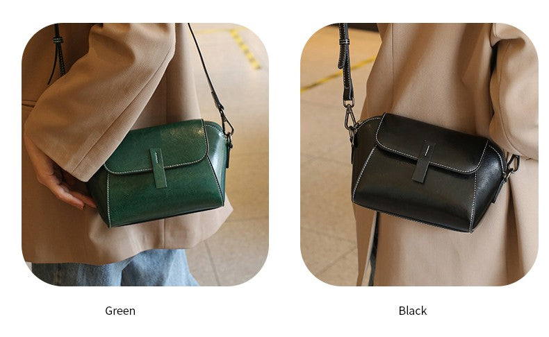 Oil Wax Cowhide Genuine Leather Crossbody Small Bag for Women Fashionable Versatile Shoulder Shell Handbag Lady Casual Phone Bag