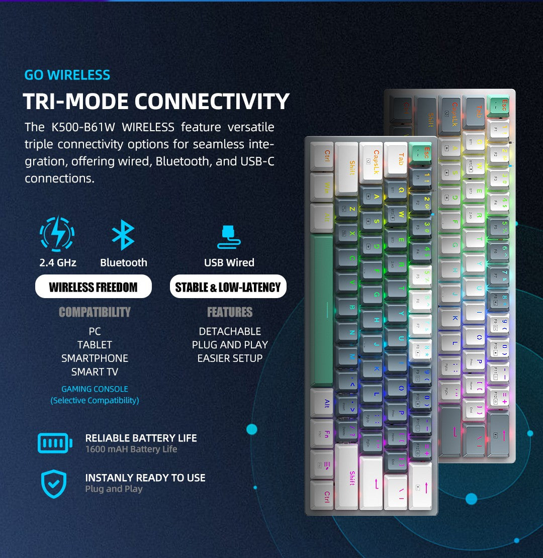 Teclado Mecânico Machenike K500-B61W Tri-mode 60% ANSI Latam-ES Sem Fio Hot-swap para Jogos para PC Gamer