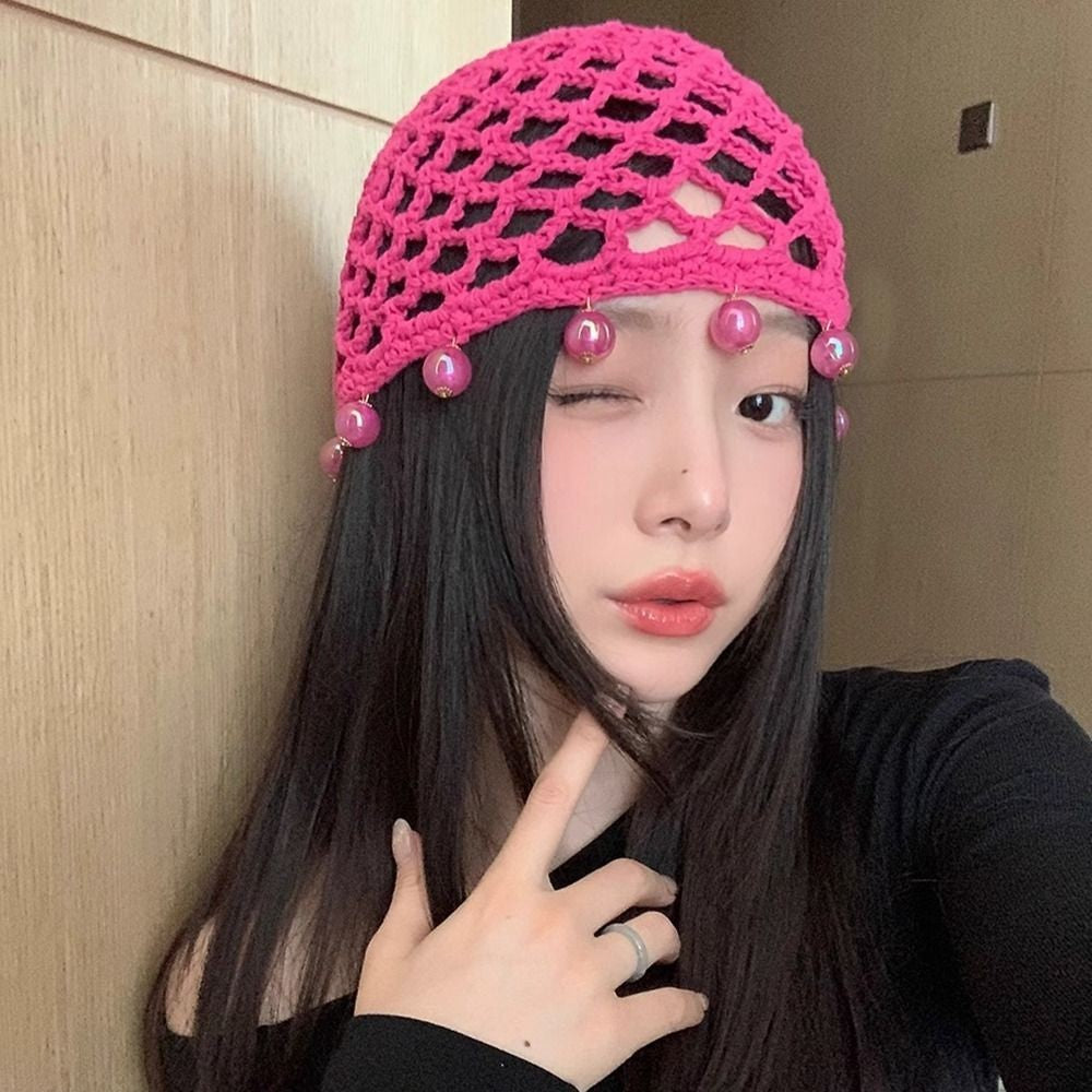 Fashion Round Beads Knitted Hat Crochet Pearl Fringed Woven for Women Travel Versatile Hollow Breathable Retro Beanies Cap