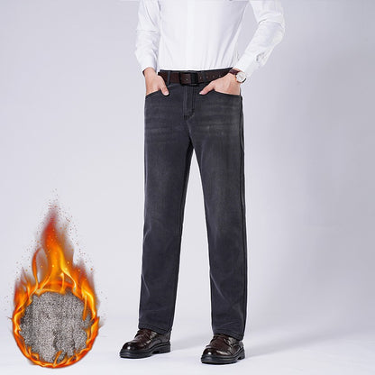 Men's Fleece Straight Leg Jeans Winter Thick Warm Business Casual Velvet Pants Elastic Loose Trousers Outdoorwear