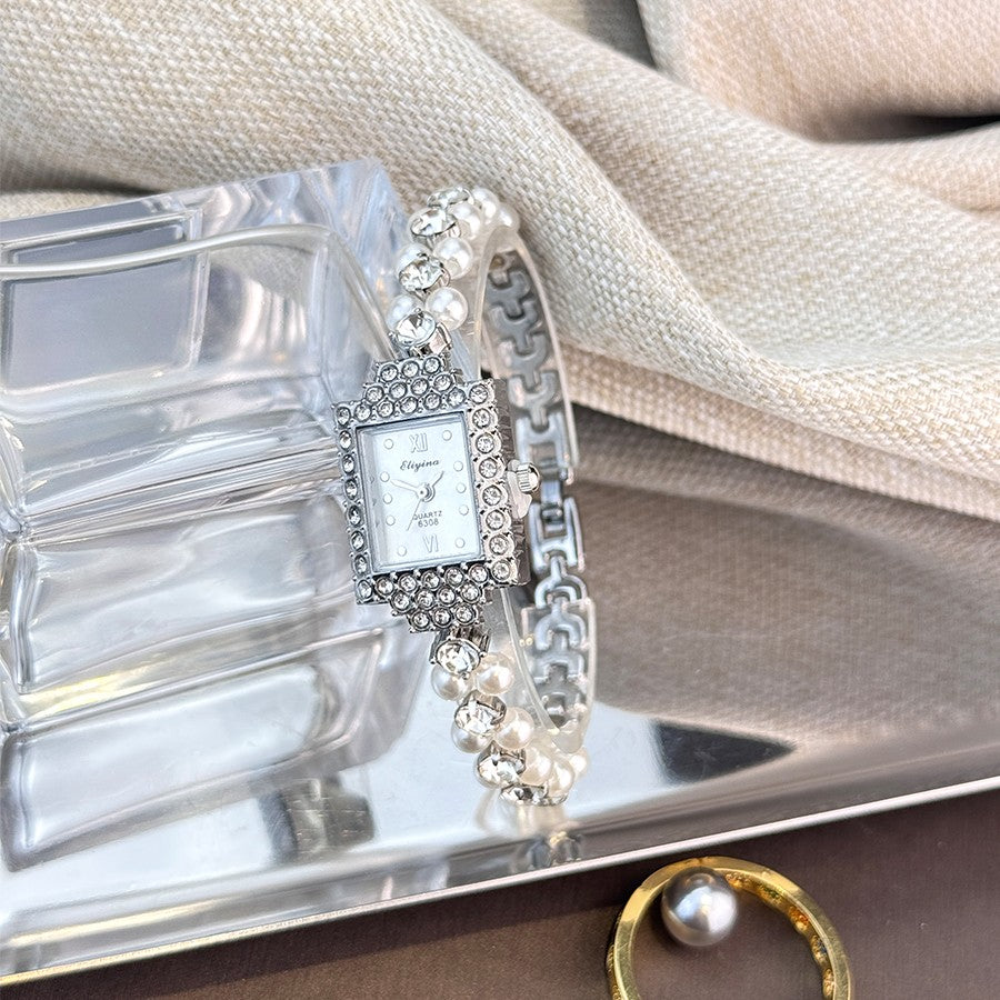 French Romantic Double-Row Exquisite Small Pearl Bracelet Watch Square Diamond-Encrusted Light Luxury Ladies Quartz Watch