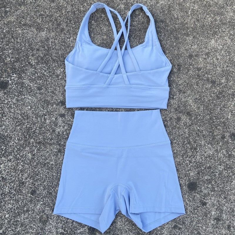 Yoga Shorts Set Gym Sports Set Women Workout Clothes 2 Piece Fitness Suit Cross Straps Bra High Waist Shorts Running Tracksuit