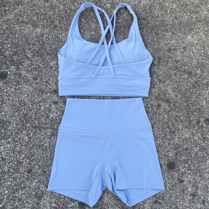 Yoga Shorts Set Gym Sports Set Women Workout Clothes 2 Piece Fitness Suit Cross Straps Bra High Waist Shorts Running Tracksuit