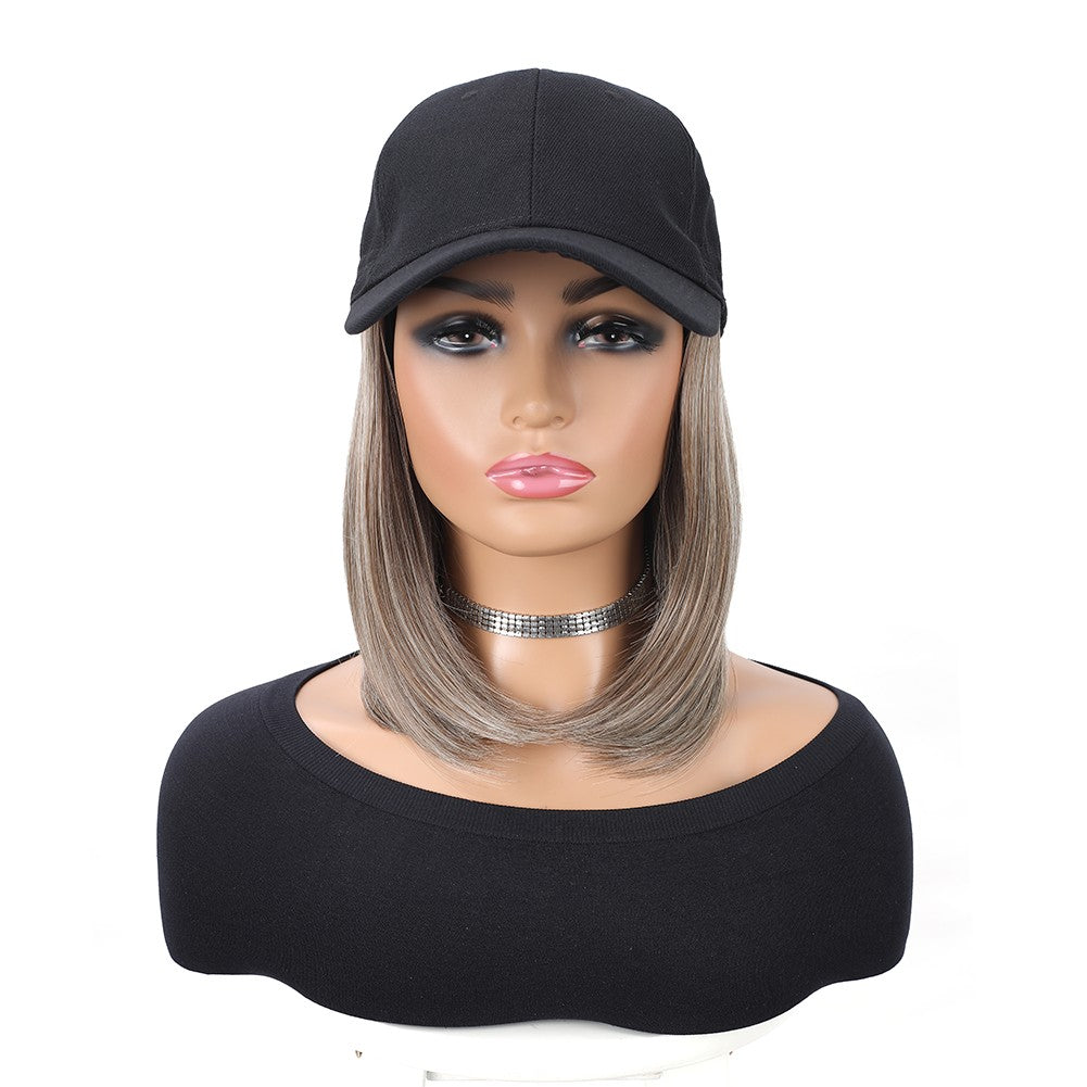 Boné de Beisebol com Extensões de Cabelo Sintético Cabelo Liso Curto Bob Chapéu Peruca Ajustável Removível 25 cm para Mulher Menina