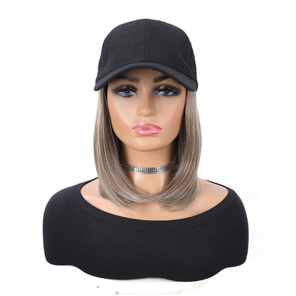 Boné de Beisebol com Extensões de Cabelo Sintético Cabelo Liso Curto Bob Chapéu Peruca Ajustável Removível 25 cm para Mulher Menina