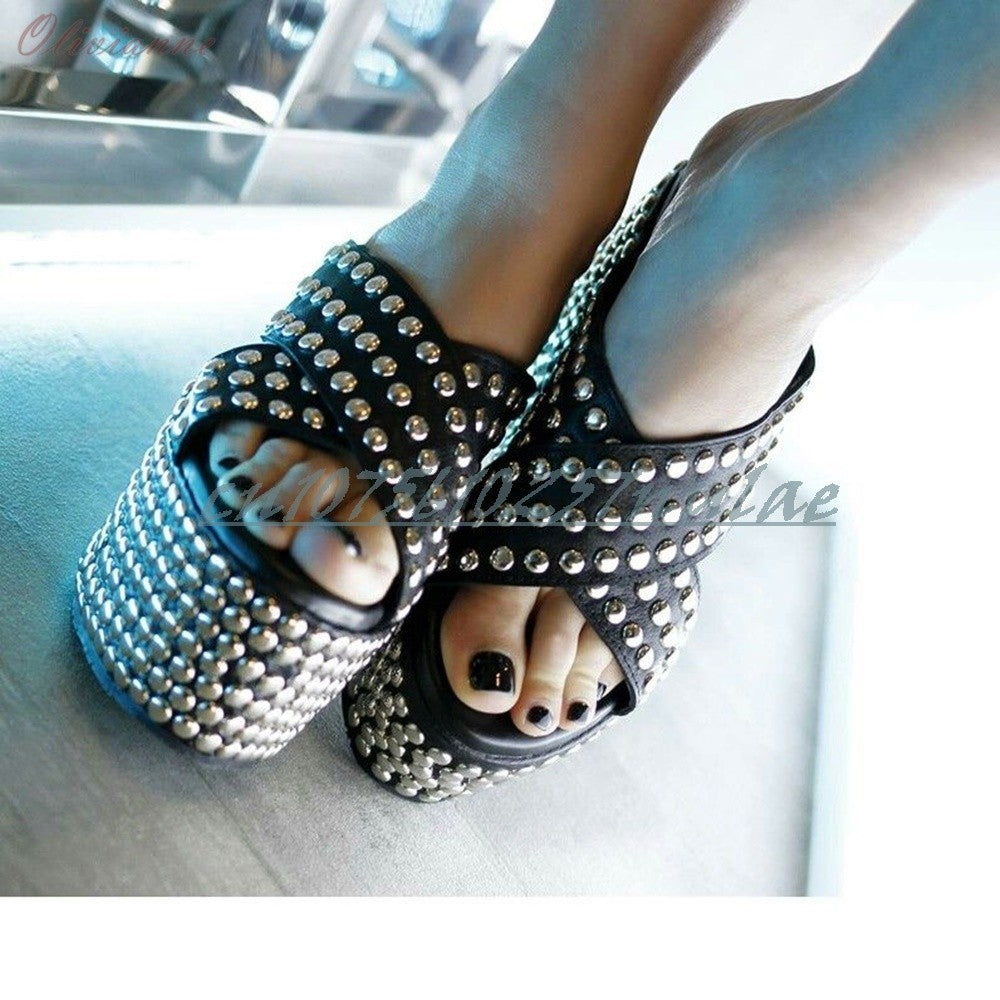 Punk Cool Style Many Round Metal Rivets Decor Slippers Wedges High Heel Cross Tied Sexy Women Shoes 2025 Zapatos Para Mujere