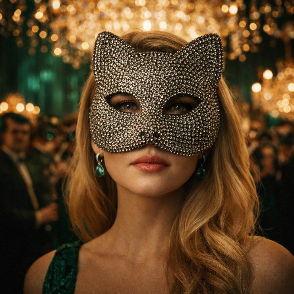 Rhinestone Cat Masquerade Mask, Crystal Studded Half Face Mask for Women Halloween Party and Cosplay