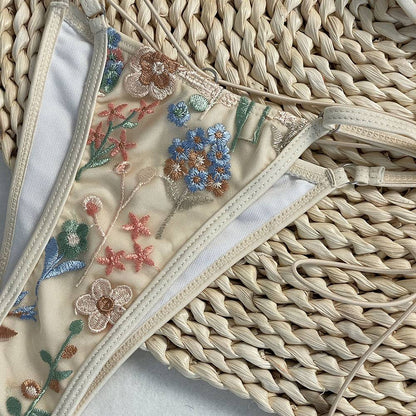 DEBAIOR 2025 Women Bikini Set Floral Embroidery Lingerie Set Women Sheer 2-Piece Boho Bra + Panty Underwear Set Intimates