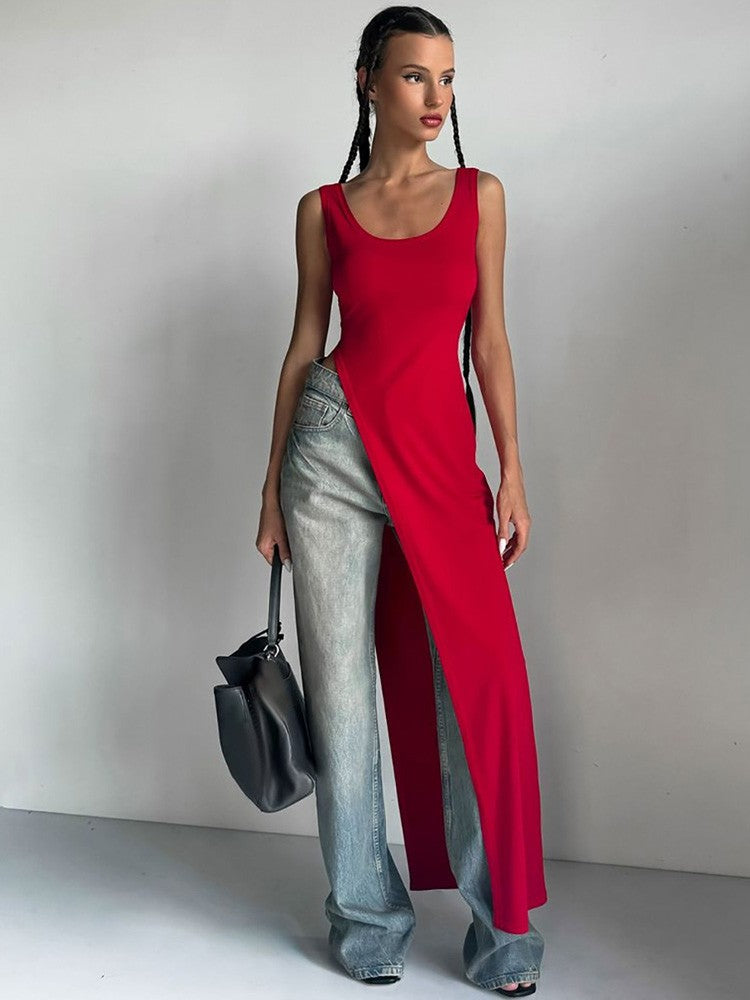 2025 Sexy Sleeveless Side High Split Dress Solid Backless Women Midi Dresses Sum