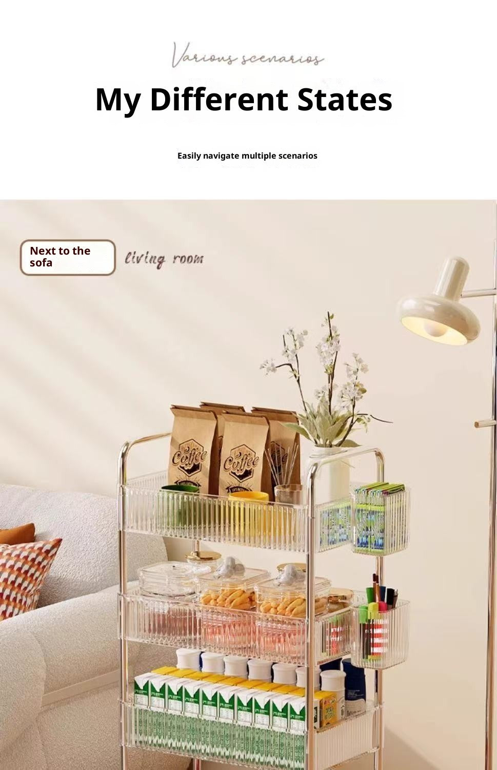 Prateleira de armazenamento móvel para banheiro para lanches, brinquedos e cosméticos multi-camadas, carrinho pequeno transparente