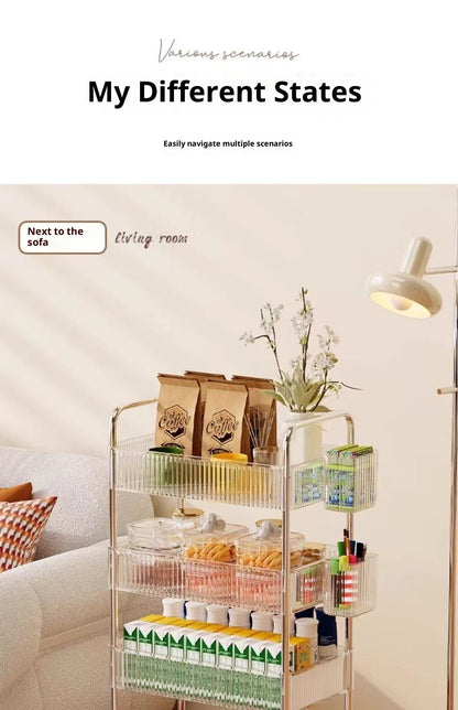 Prateleira de armazenamento móvel para banheiro para lanches, brinquedos e cosméticos multi-camadas, carrinho pequeno transparente