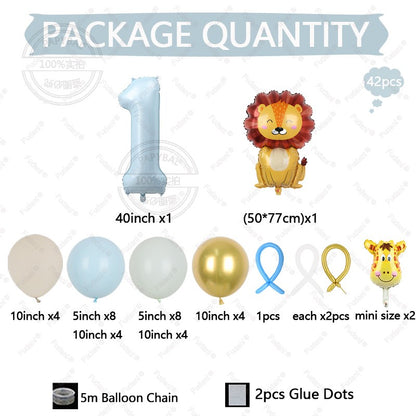 42pcs Mini Giraffe Sitting Lion Balloon 40 inch Baby Blue Number 1-9 Birthday Balloon Set Jungle Animal Theme Party Decoration