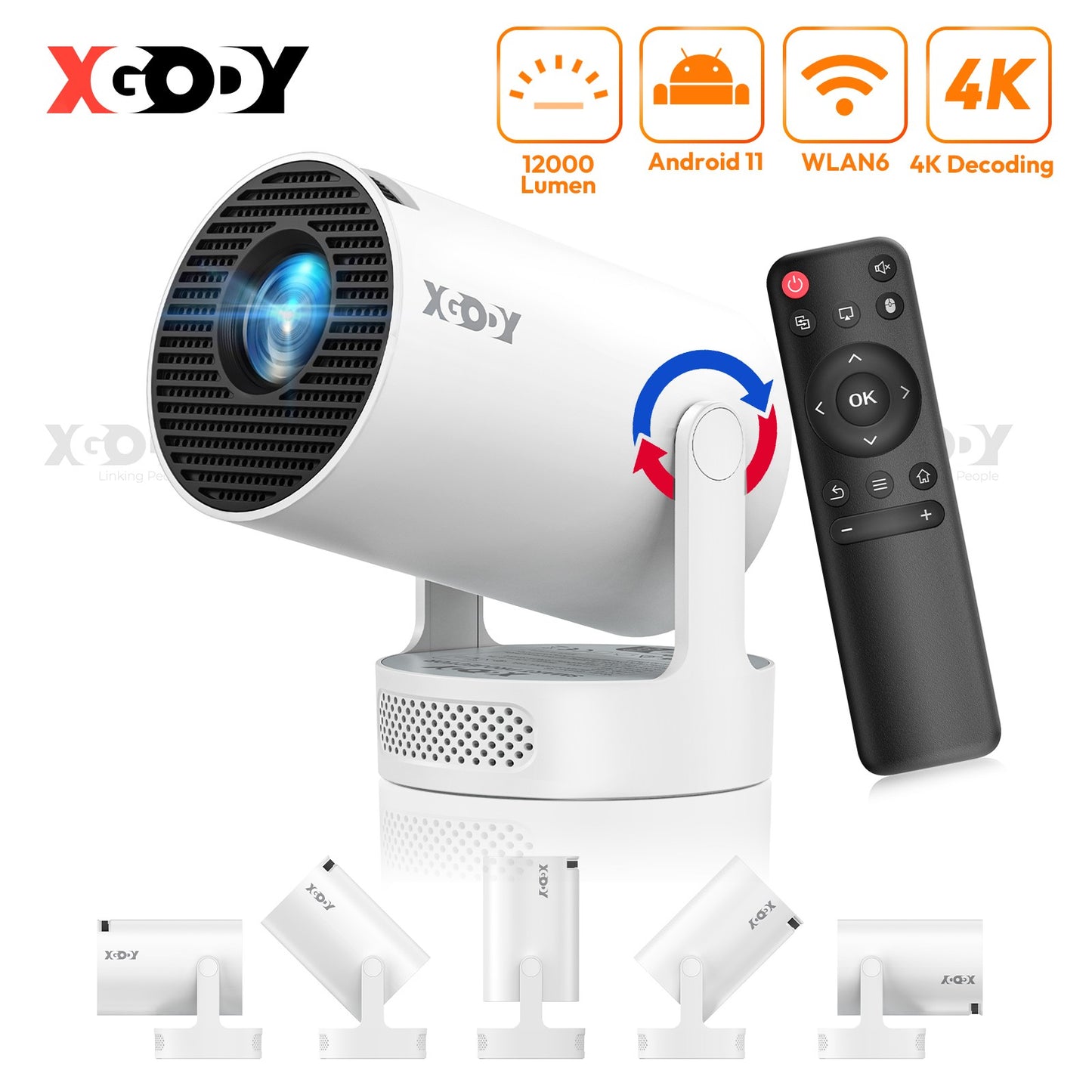 Projetor XGODY 4K HY300 Pro+ com alto-falante de 5W integrado 1280*720P Android 11 12000 Lumens Wifi6 BT5.4 Projetor Externo Portátil