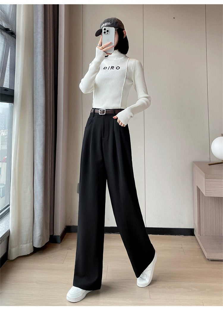 High Quality Woolen Wide Leg Pants Women Streetwear Belt Baggy Black Suit Pants Winter Korean Fashion Casual Straight Trousers