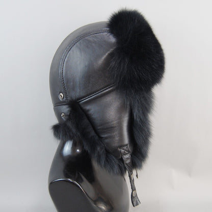 2025 Hot Sale Men Outdoor Windproof Winter Natural Real Fox Fur Bombers Hats Quality Cap Man Luxury Real Sheepskin Leather Hat