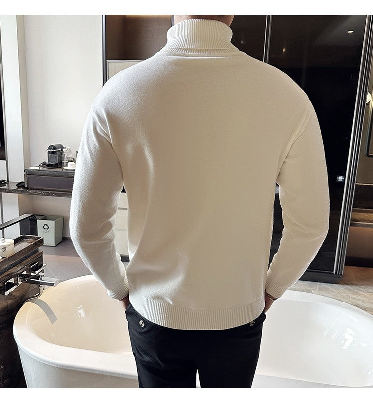 Korean Fashion Autumn Winter Sweaters Men Pullovers Fleece Turtleneck Knitted Sweatshirt Warm Bottoming Shirts