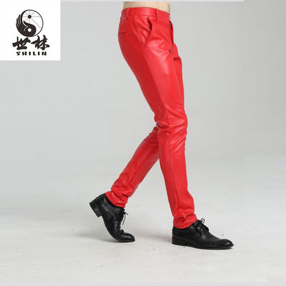 Men's Slim Fit Leather Pants Motorcycle Trendy Sle Long Trousers Thiened PU Fabric Summer Season Faionable Biker Pants