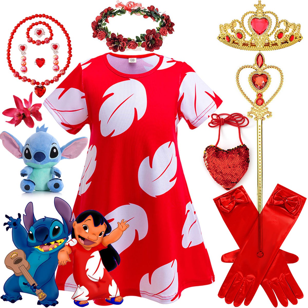 Disney Lilo Costume Girl Cosplay Red Dress Short Sleeve Pajamas Hawaiian Printed Dress Summer Beach Outfit + Stitch Doll Set