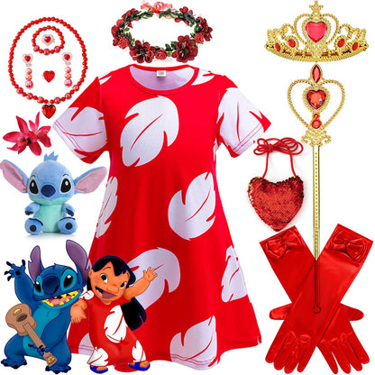 Disney Lilo Costume Girl Cosplay Red Dress Short Sleeve Pajamas Hawaiian Printed Dress Summer Beach Outfit + Stitch Doll Set