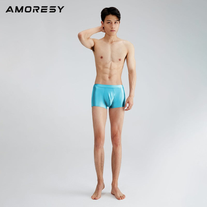 AMORESY Men's Satin Glossy Boxer Shorts Breathable High Elastic Sports Thin Soft Brief Swimming Fitness Solid Leggings Underwear