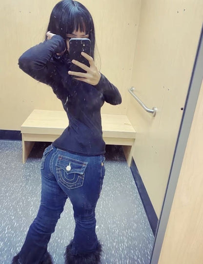 Vintage 2000s Buddha Embroidery Baggy Jeans Woman Gothic Streetwear Harajuku Ripped jeans for women Wide Leg Denim Pants