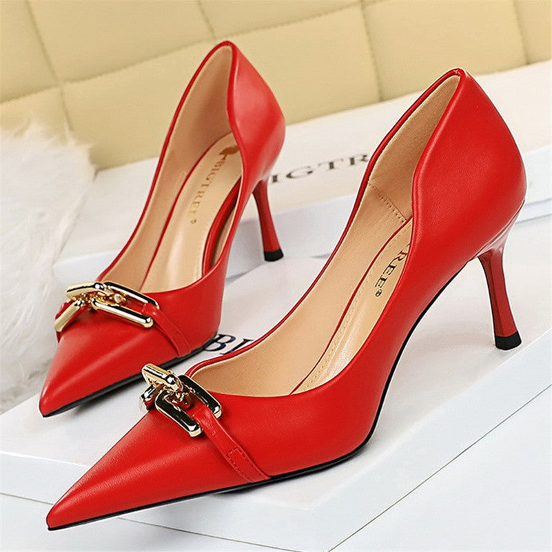 Women 7cm High Heels Pumps Lady Scarpins Fetish Nightclub Blue Nude Low Heels Wedding Party Metal Chain Buckle Fetish Prom Shoes
