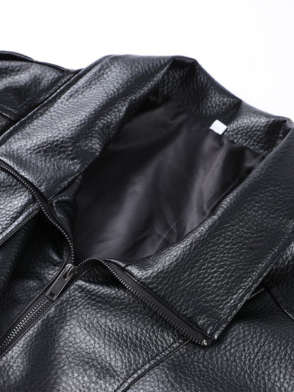 Faux Leather Stand Collar Bomber Jacket Women Locomotive Epaulet Slant Opening Ruched Coats Fashion Autumn Winter Lady Outerwear