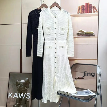 Hollow out Long Knitted Summer Dress round Neck Seven Sleeve Bodycon Skirt Slimming Effect Empire Waist Maxi Dress