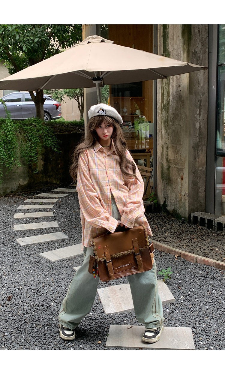 Ice Blue Plaid Long Sleeve Shirt Unisex Premium Cleanfit Denim Fabric V-neck Open Cardigan Style Holiday Vibes Short Length