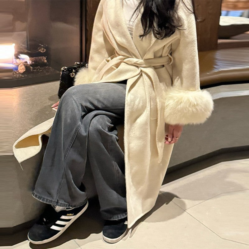 Elegant Faux Fur Cuffs Woolen Coat With Belt For Women Fashion Lapel Long Sleeve Lace Up Maxi Jacket Lady 2025 Autumn Outerwear
