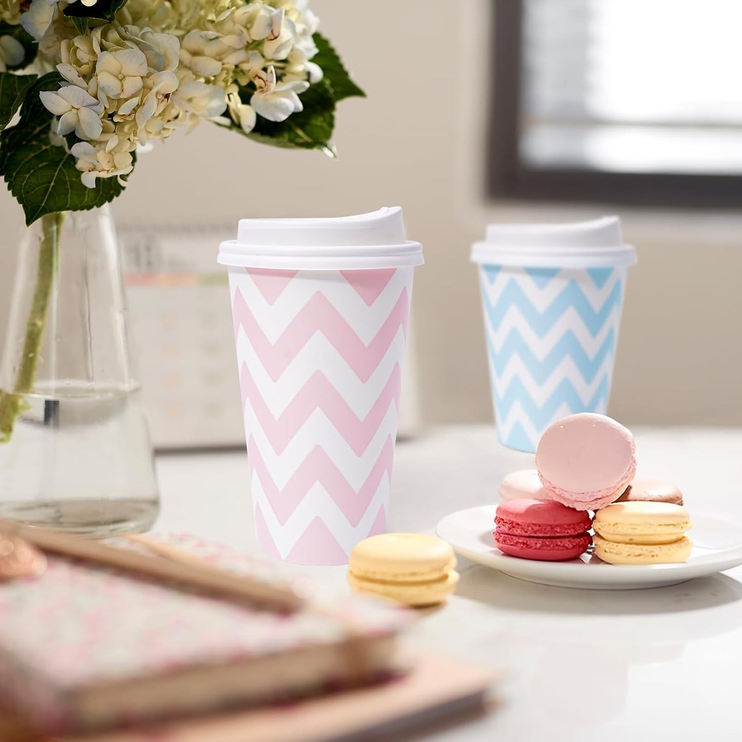 100 PACK 12OZ Disposable Coffee Cups with Lids, To Go Coffee Cups with Lids Leak Proof, Pink Paper Cups for Cold/Hot Bev