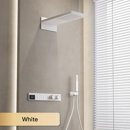 Sistema de chuveiro digital inteligente de latão branco luxuoso com design oculto Controle duplo de água quente e fria Torneira de parede