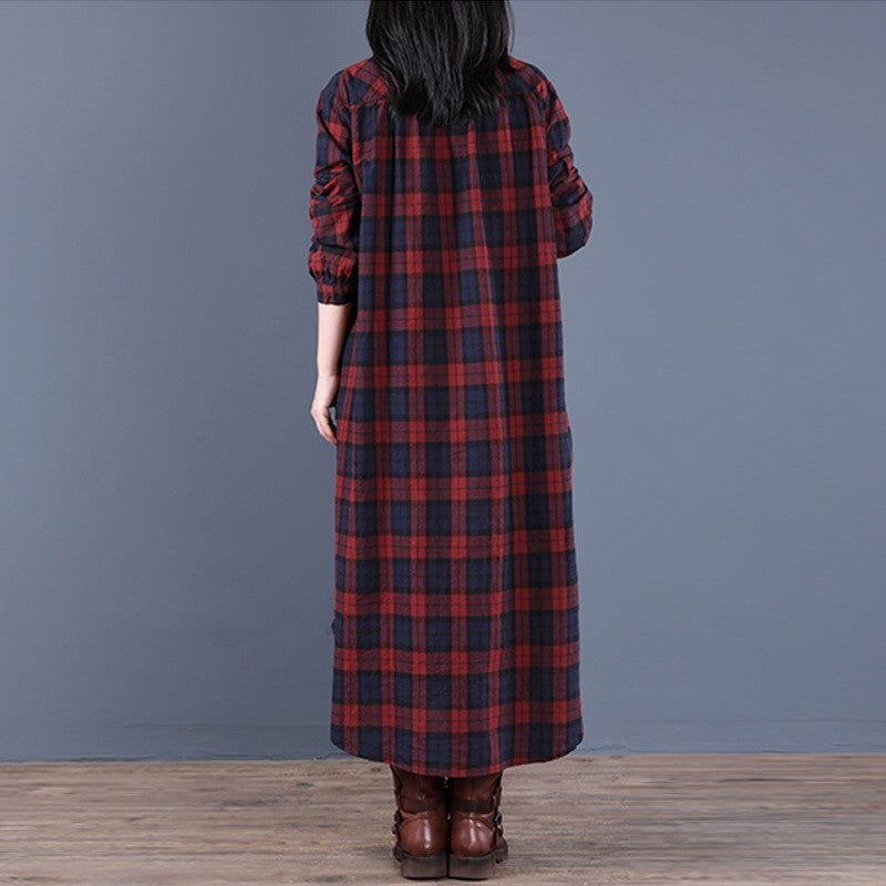 Spring And Autumn New Women's Fashion Loose Splicing Plaid Collar Button Long Sleeve Dress Medium Length Shirt Maxi Dresses 2026