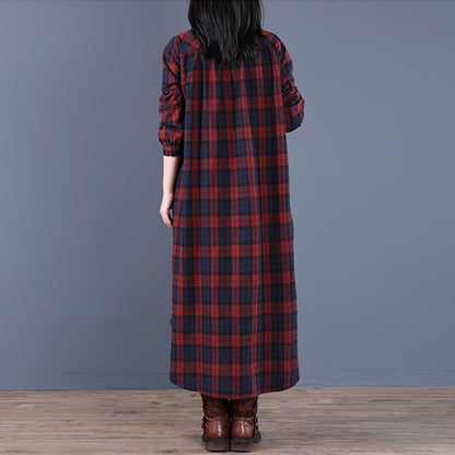 Spring And Autumn New Women's Fashion Loose Splicing Plaid Collar Button Long Sleeve Dress Medium Length Shirt Maxi Dresses 2026