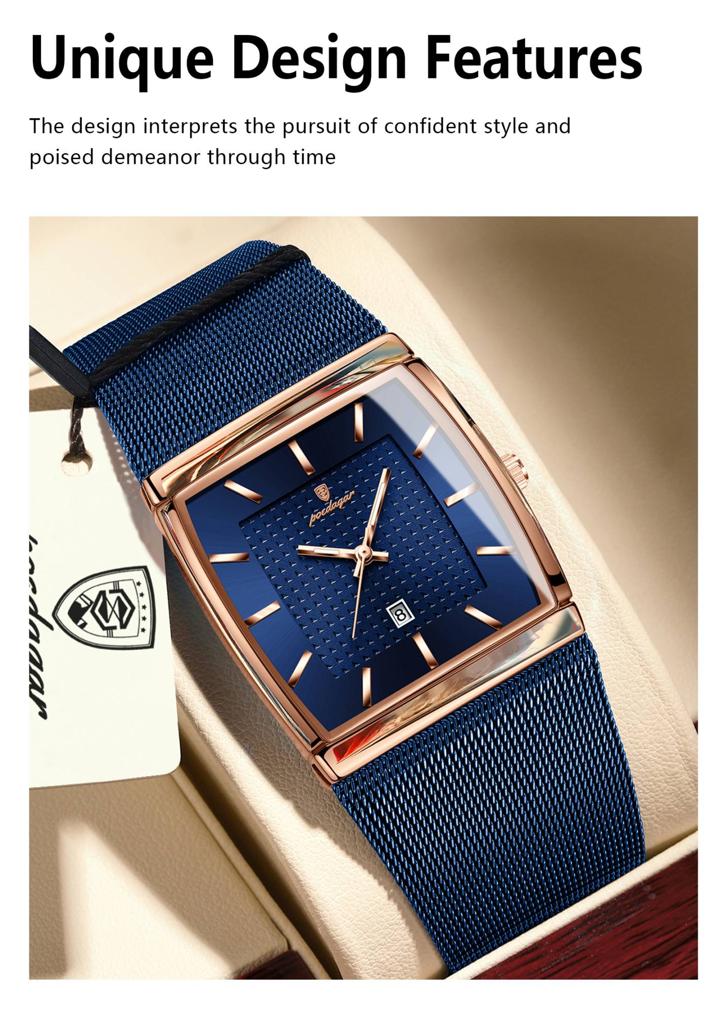 POEDAGAR Top Luxury Men Watch Stainless Steel Mesh Date Waterproof Luminous Man Wristwatch Casual Rectangle Quartz Men's Watches