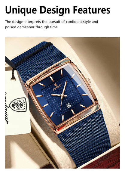 POEDAGAR Top Luxury Men Watch Stainless Steel Mesh Date Waterproof Luminous Man Wristwatch Casual Rectangle Quartz Men's Watches